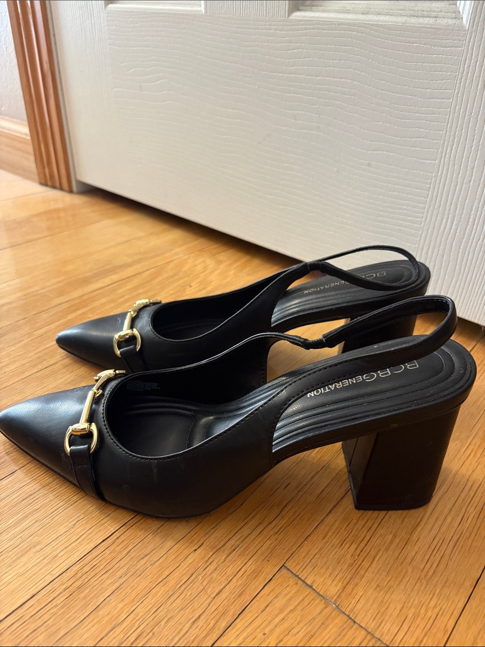 BCBGeneration Black Pointed-Toe Slingback Block Heels with Gold Bit